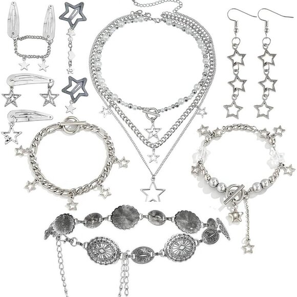 Y2K Accessories Set Silver Layered Jewelry Vintage Waist Chain Hair Clips for Wo